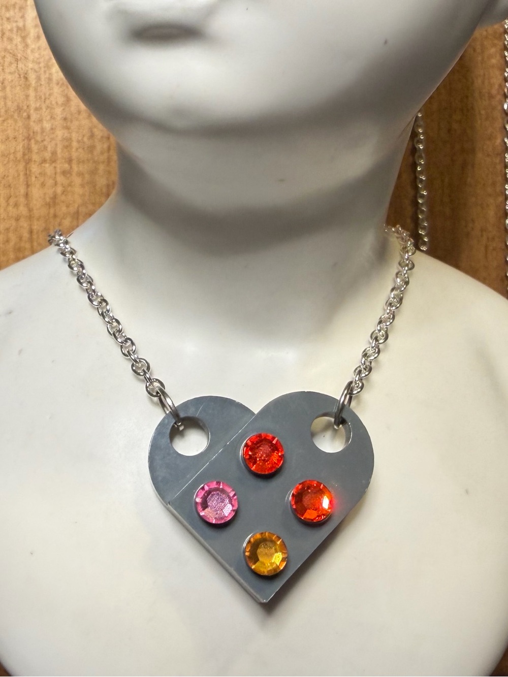 Lego heart Necklace with red, pink and yellow Crystal Accents